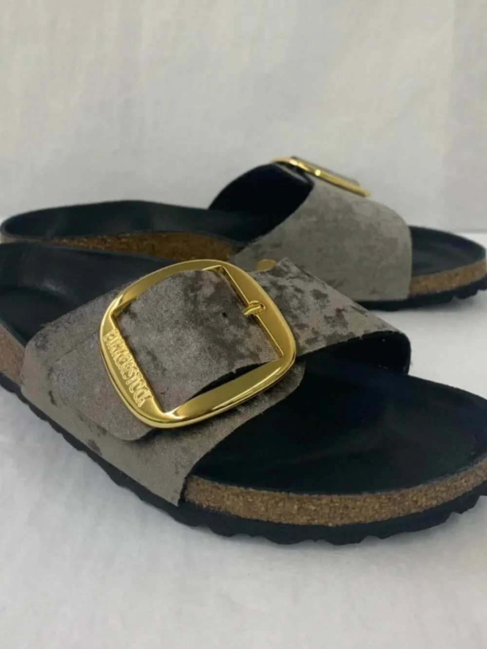 Birkenstock Madrid Big Buckle Rivet Logo Taupe Velvet Exquisite Footbed Narrow